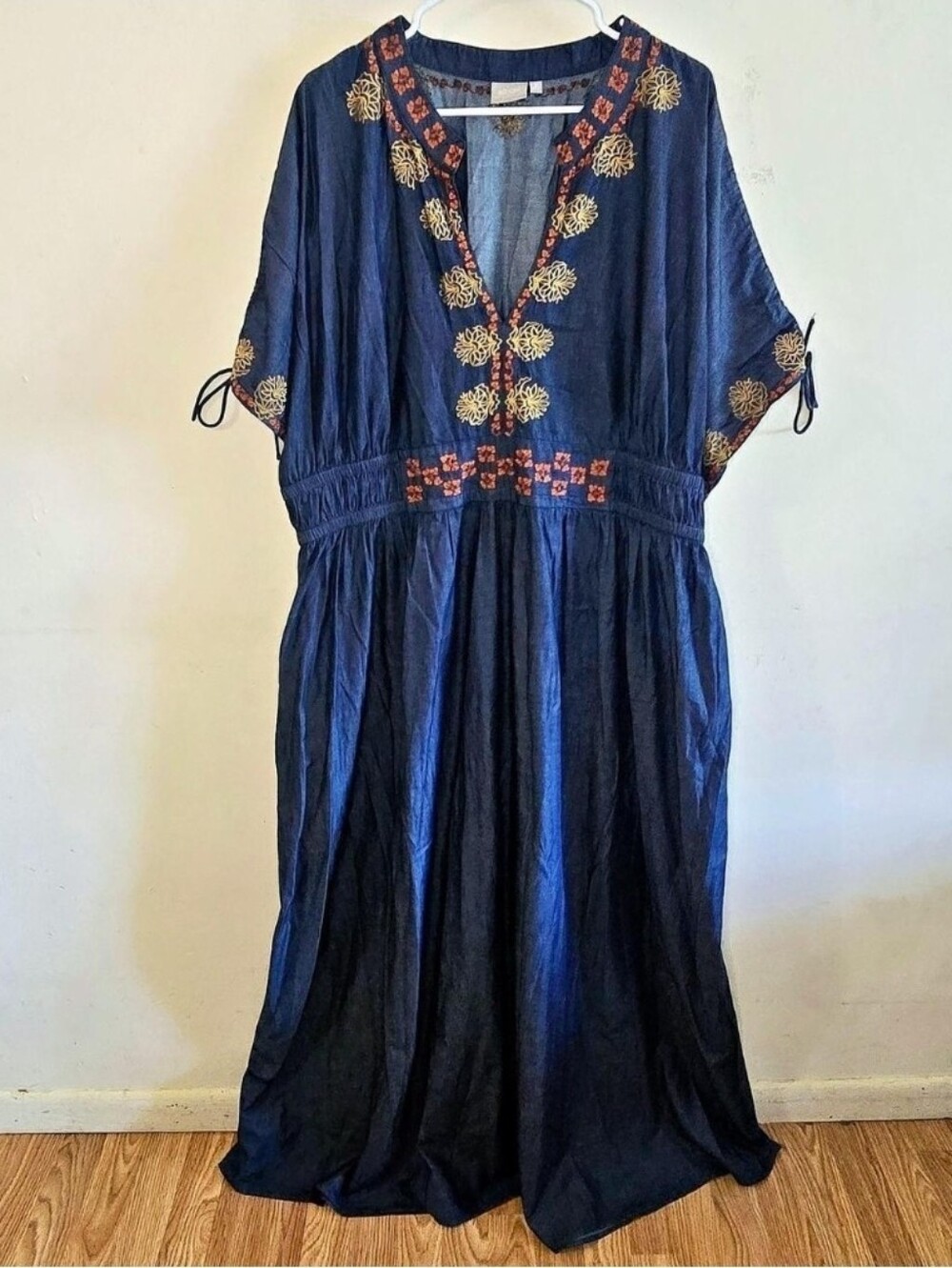 eShakti Maxi Dress Women's 3X/26W Navy Blue Embroidered Cotton Boho Folk Style